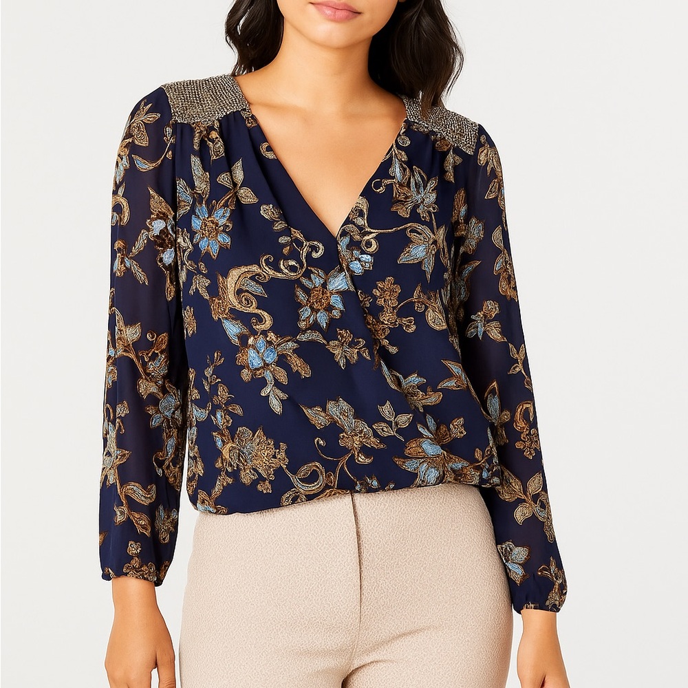 Navy Floral Blouse with Gold Details